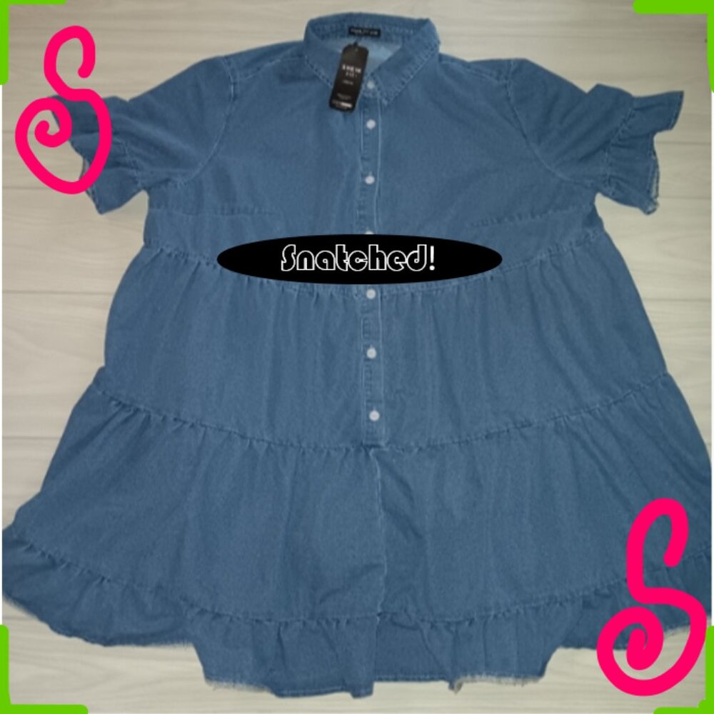 Plus Size Flounce Sleeve Ruffle Hem Denim Dress